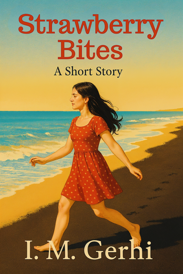 Strawberry Bites short story cover by I.N. Gerhi featuring a young woman running on a beach with black sand.