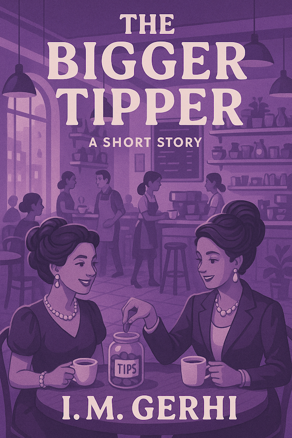 Cover for the short story The Bigger Tipper by I.M. Gerhi featuring two socialites in a coffee shop.