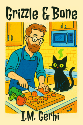 Short story cover for Grizzle & Bone by I.M. Gerhi showing a man cutting vegetables while a magical cat looks on.