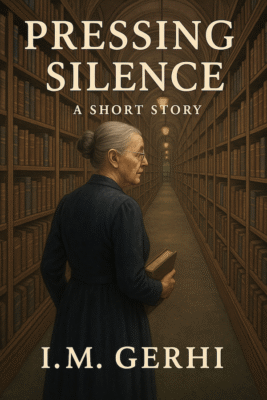 Cover for the short story Pressing Silence by I.M. Gerhi featuring a librarian in a large library.