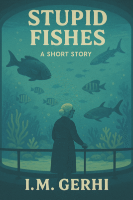 Cover for the short story Stupid Fishes by I.M. Gerhi featuring an older lady in an aquarium.
