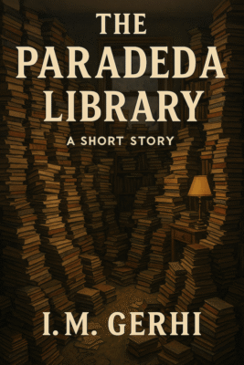 Cover for the short story The Paradeda Library by I.M. Gerhi featuring piles of books.